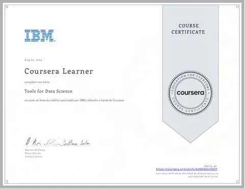 Coursera certificate for the Tools for Data Science course, authorized by IBM, August 20, 2023.