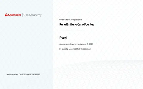 Santander Open Academy certificate of completion: René Emiliano Cano Fuentes, Excel course, September 5, 2025, 8 hours.