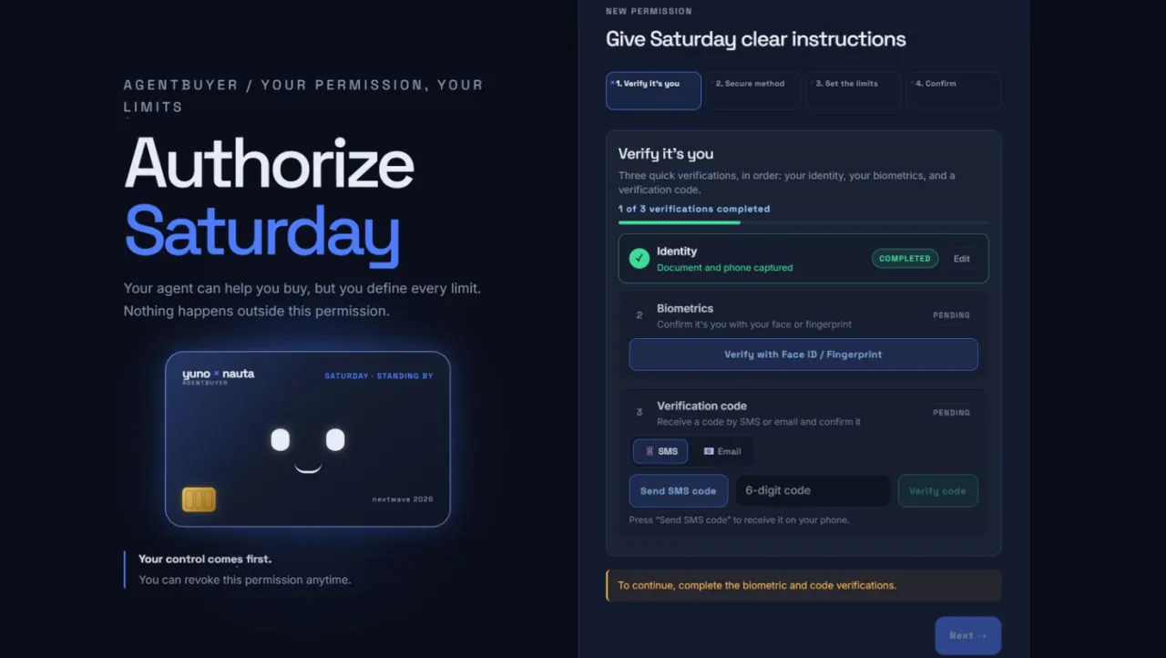 AgentBuyer “Authorize Saturday” screen: the user verifies their identity step by step before granting the agent permission, next to a card showing the agent’s face.