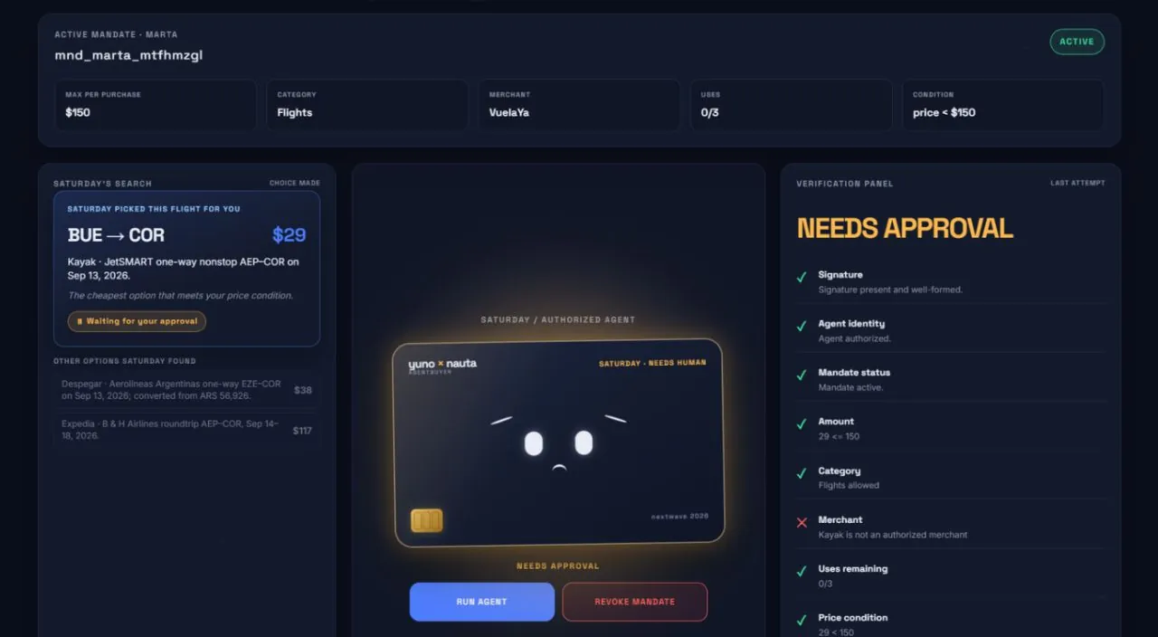 Mission Control de AgentBuyer: el mandato activo, la búsqueda del agente y el panel de verificación, que deja la compra pendiente de aprobación porque el comercio no está autorizado.
